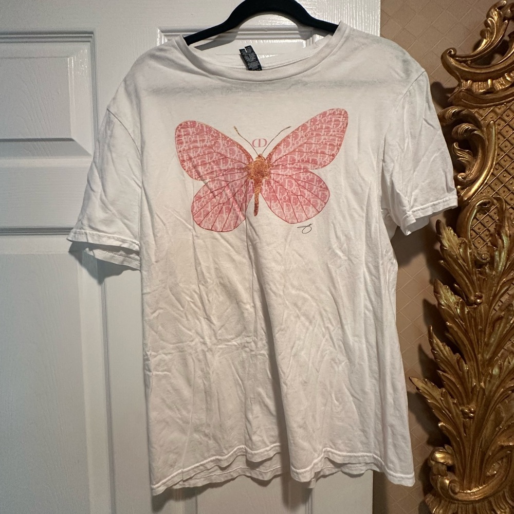 White T-Shirt with Pink Butterfly Design